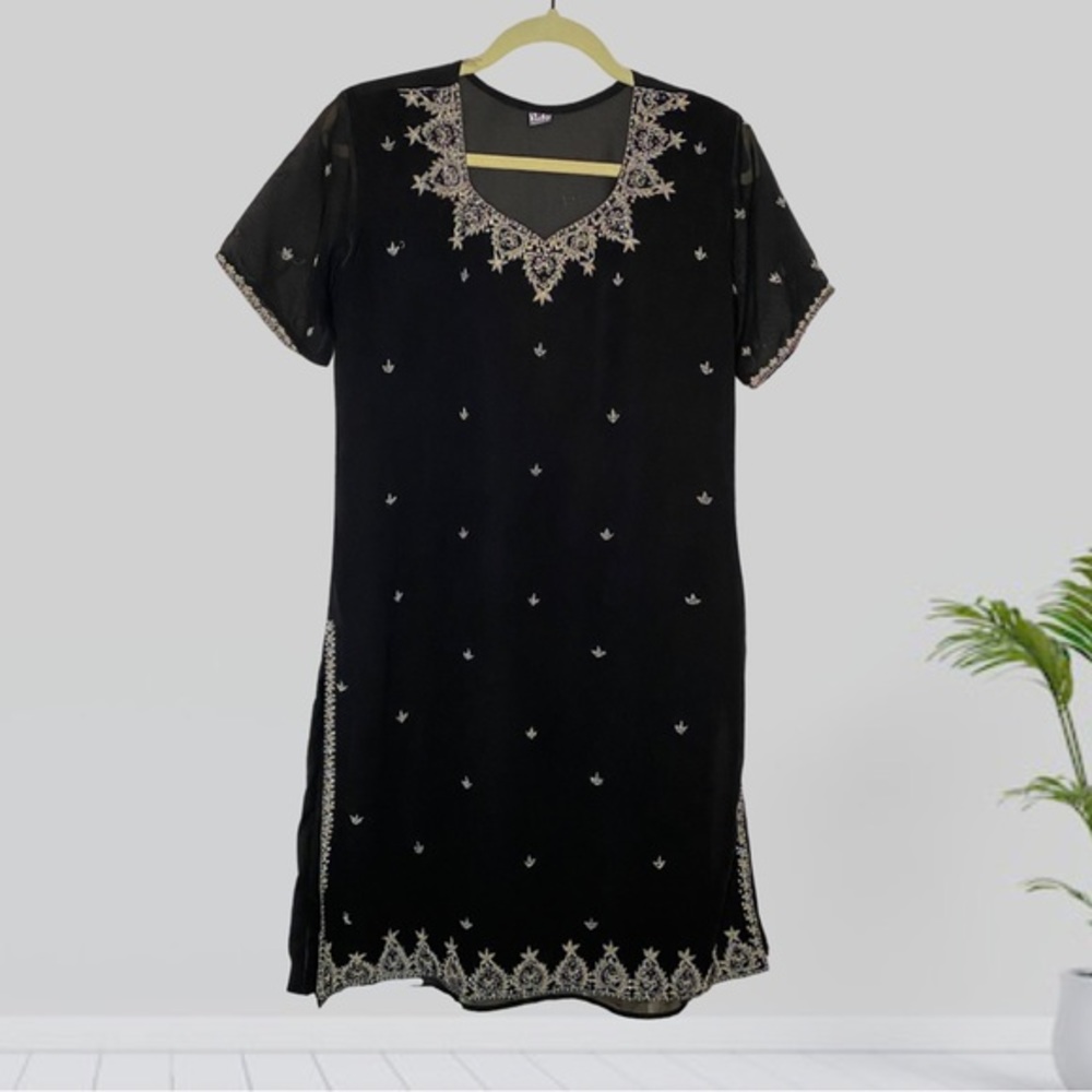 Black Neha Collection Embroidered Sheer Layered Kurta Top Size S/M .